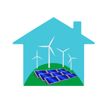 Vector image of a house with solar panels and wind turbines on a hill