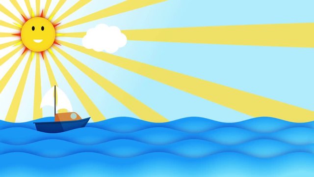 Cartoon Boat sailing slowly in the ocean over blue sky in sunny day with cute smiling sun and jumping fishes. Beautiful Sea Coast. vector nature background with space for text or logo seamless loop.