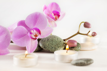 Spa still life with aromatic candles, orchid flower and stones