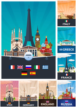 Big Collection of Travel posters to the Europe. Schengen. Vecor Flat illustration.