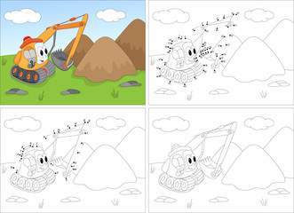Cartoon excavator. Coloring book and dot to dot game for kids