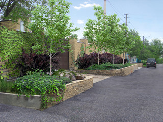 Fototapeta premium Entry landscaping behind the fence, 3d illustration