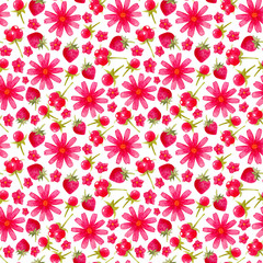 Seamless pattern with flowers and berries. Colorful illustration. Watercolor handpainted texture on white background for wallpaper, blogs, cover