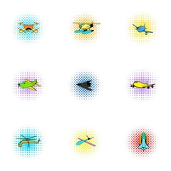 Flying machine icons set, pop-art style