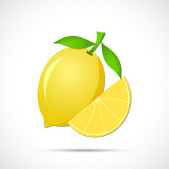 Lemon with leaf and sliced lobule. Fruit icon.