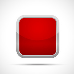 Red square button icon isolated on a white background. Square sticker with white border.