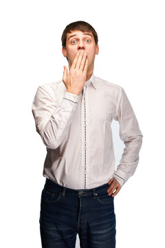 A young cute funny guy blurted out too much. Beautiful European man was frightened. The boy said, "Oh!". Businessman says, "Oops, whoops!". Student greatly surprised. The politician feels surprisingly