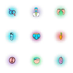 Baby in stomach icons set, pop-art style