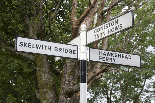 Skelwith Bridge, Coniston and Hawkshead Ferry Signpost; Lake Dis
