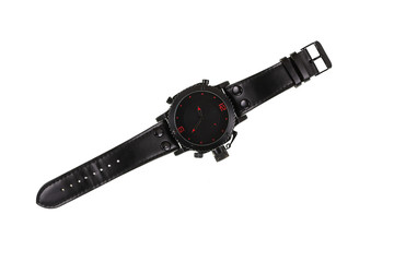 black watch with a leather strap on a white background isolated