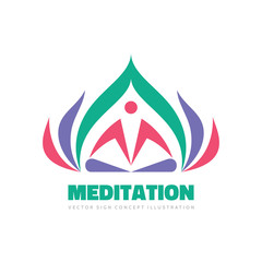 Obraz premium Meditation yoga - vector logo template concept illustration. Abstract human character sign and colored petals leaves. 