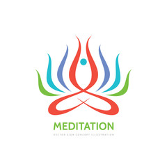 Meditation yoga - vector logo template concept illustration. Abstract human character sign and colored petals leaves. 