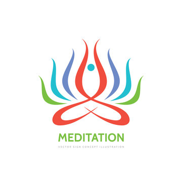 Meditation yoga - vector logo template concept illustration. Abstract human character sign and colored petals leaves. 