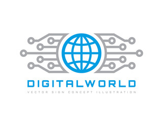 Digital world - vector business logo template concept illustration. Globe abstract sign and electronic network. Technology design elements.