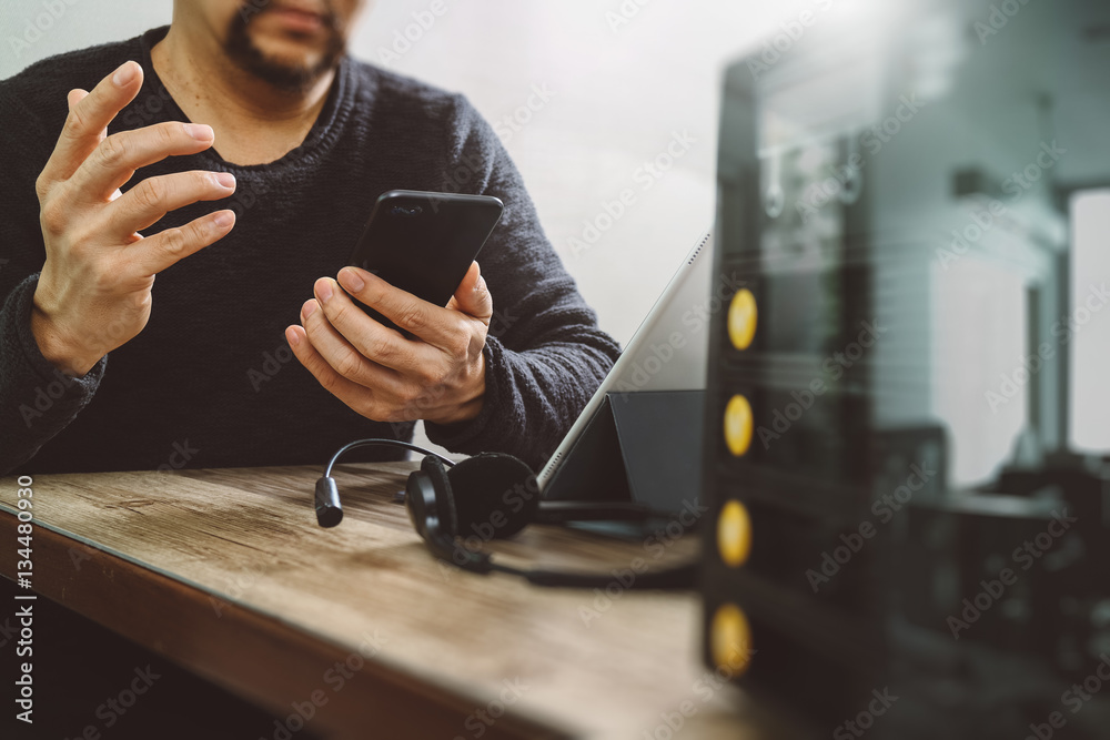 Aufkleber man hand using voip headset with digital tablet computer docking