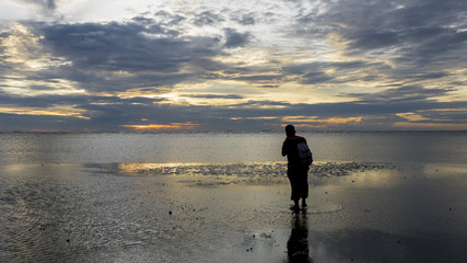 Naklejka premium Silhouette of photographer at the beach during sunset.