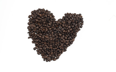 Heart from coffee bean on white background.