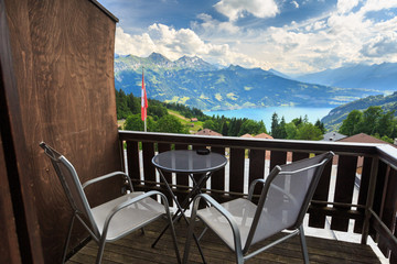 Fototapeta na wymiar View of Interlaken with Swiss flag ,Switzerland