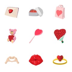 Saint Valentines day icons set, cartoon style