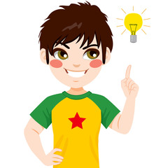 Concept illustration of young teenager boy pointing finger to light bulb having an idea