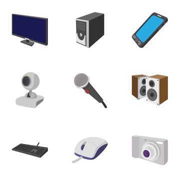 Electronic devices icons set, cartoon style