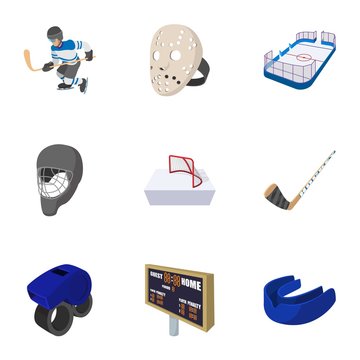 Hockey icons set, cartoon style