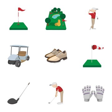 Golf icons set, cartoon style