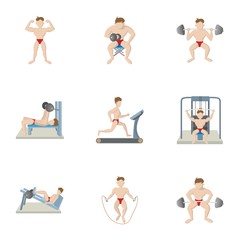 Gym icons set, cartoon style