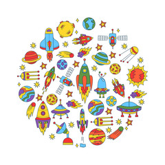 Cosmos outer space doodle vector set isolated rocket satellite planets steroid ufo