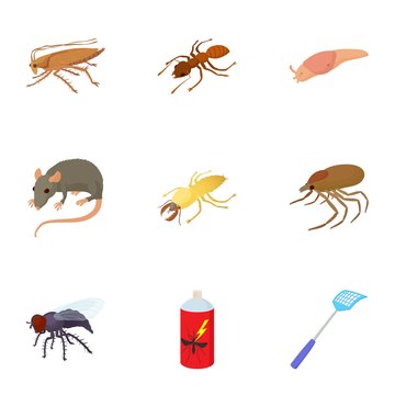 Pests of homes icons set, cartoon style