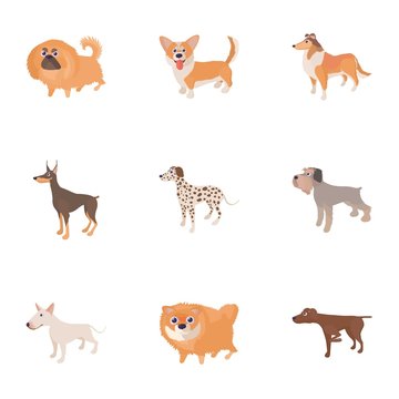 Pet dog icons set, cartoon style
