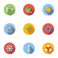 Types of energy icons set, flat style