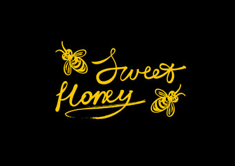 Sweet honey logotype with stylized bees. Vector hand drawn illustration.