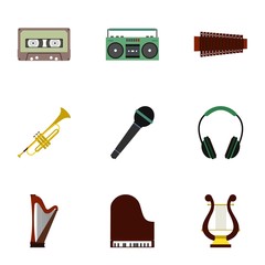 Tools for music icons set, flat style