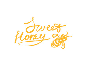 Sweet honey logotype with stylized bee. Vector hand drawn illustration.
