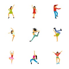 Fototapeta na wymiar Types of dances icons set, flat style