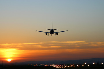 Fototapeta na wymiar Plane lands at an airfield on the background of sunset