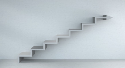 Grey stairs arrow going up on concrete wall 3D rendering