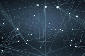 Floating white and blue glowing dot network 3D rendering