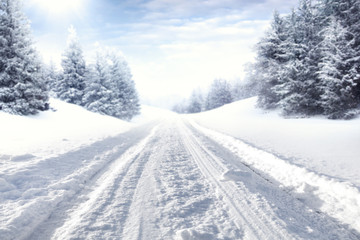 winter road and snow with frost 