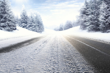 winter road and snow with frost 