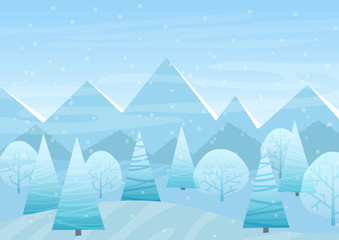 Beautiful Chrismas winter flat landscape background. Christmas forest woods with mountains. New Year winter vector landscape.