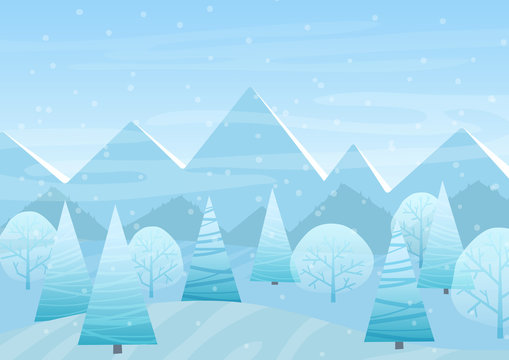 Beautiful Chrismas winter flat landscape background. Christmas forest woods with mountains. New Year winter vector landscape. © lembergvector