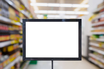 blank board with blur supermarket for background