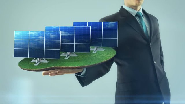 Business man has on hand green energy concept build animation solar panel