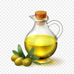Olive oil in a glass bottle with handle and corck and olives with green leaves