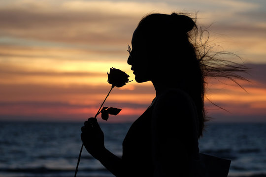 Silhouette pretty young Women are smelling roses in Valentine Day At the time of sunset or Twilight