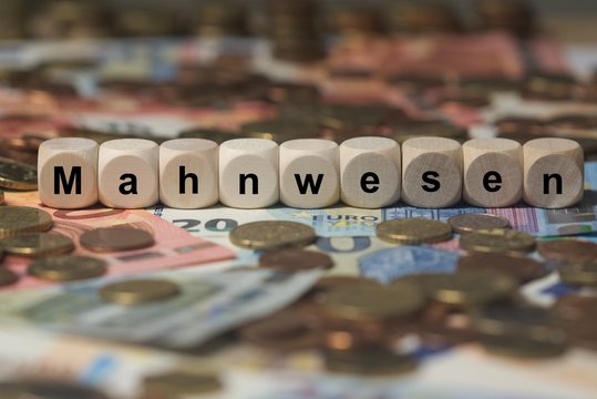 mahnwesen - Holzw&uuml;rfel mit Buchstaben im Hintergrund mit Geld, Geldscheine