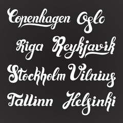 Hand-written text, capitals of north Europe, vector illustration