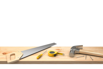 Hammer, nails, saw, screwdriver and neasuring Tape on wood table. 3D illustration